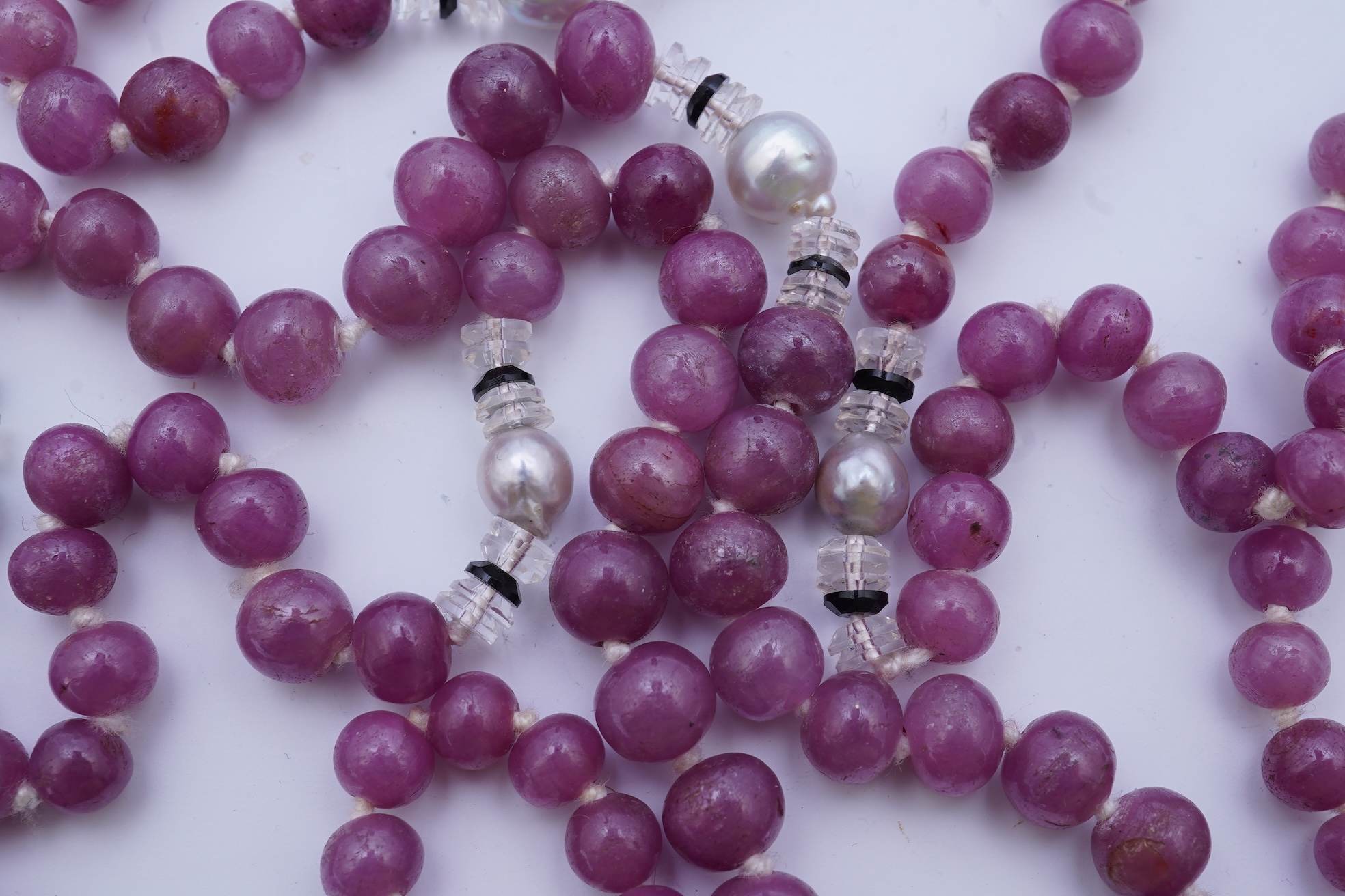 A ruby bead, onyx, rock crystal and pearl necklace